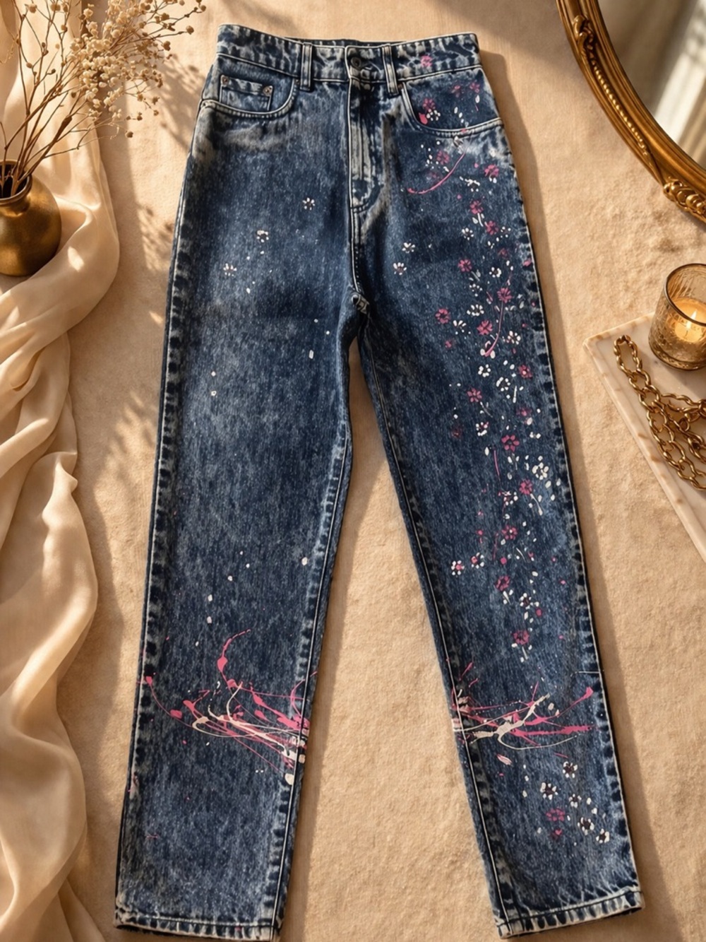 Miu Miu Dark Blue Denim Straight-Leg Jeans with Pink & White Floral Paint.